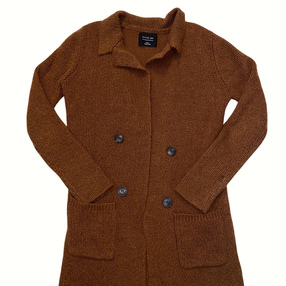 Active USA Women Rust Brown Double Breasted Knit Cardigan Sweater Small Academia - Picture 1 of 9